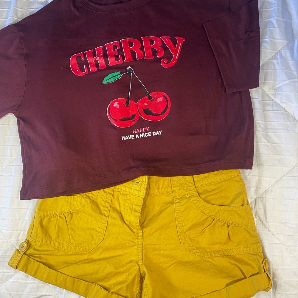 Cherry Graphic Tee and Yellow Shorts Set
